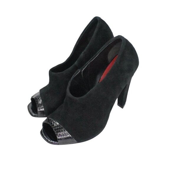 Vtg CHARLES JOURDAN Heels Womens Size‎ 8 Black Suede Snakeskin Embossed Peep Toe - Picture 1 of 11
